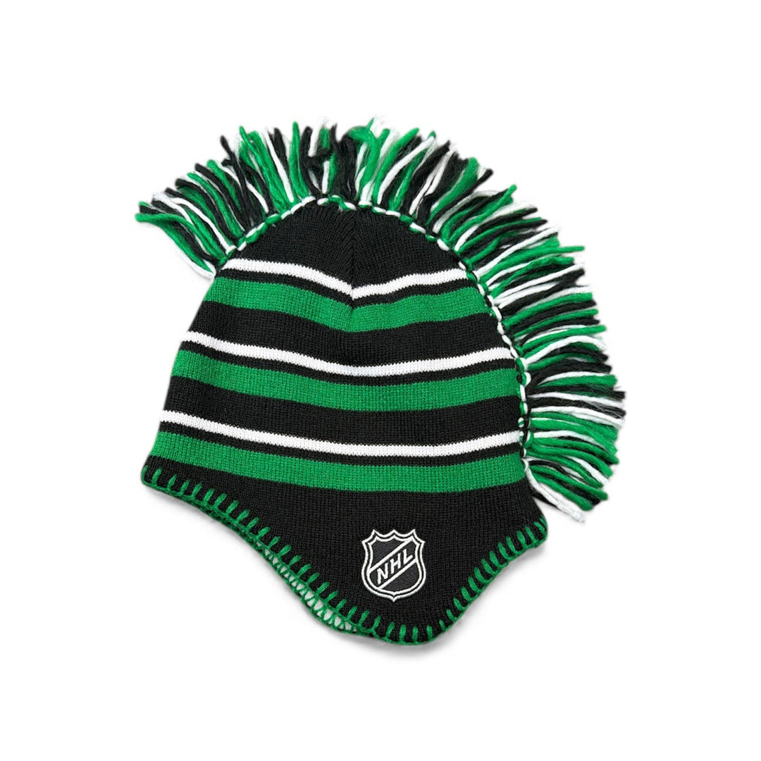 Green and black striped beanie with NHL logo on a white background
