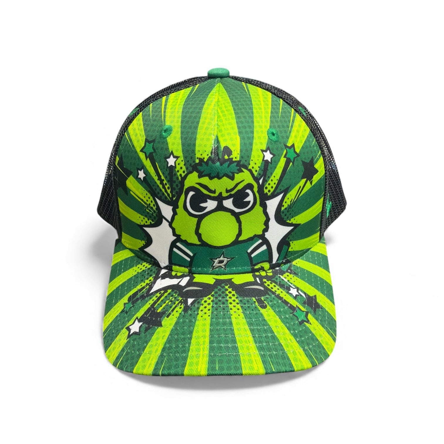Green and black kids cap with Dallas Stars Mascot design on a white background