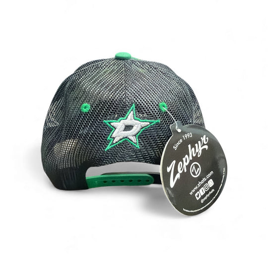 Black mesh cap with green accents and a Dallas Stars logo, accompanied by a Zephyr tag on a white background.