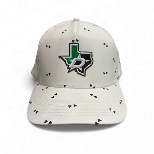 White cap with black geometric pattern and logo on a white background