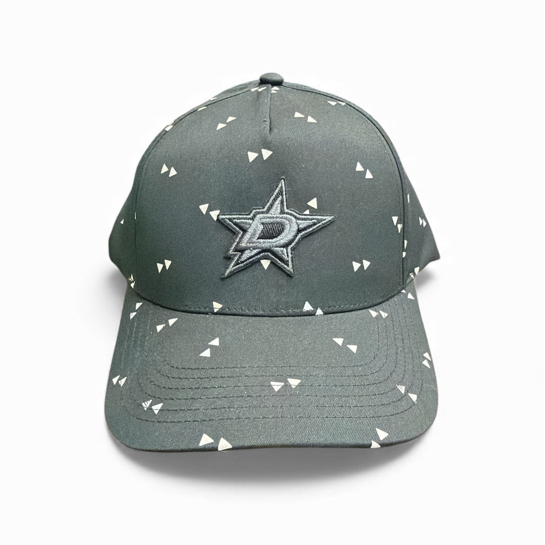 Black cap with Dallas Stars logo and small white patterns on a white background