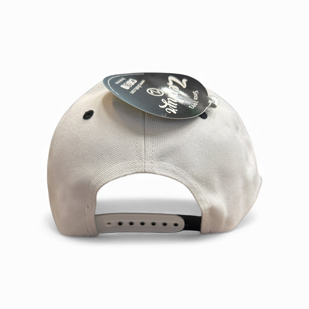 White cap with product tag on a white background