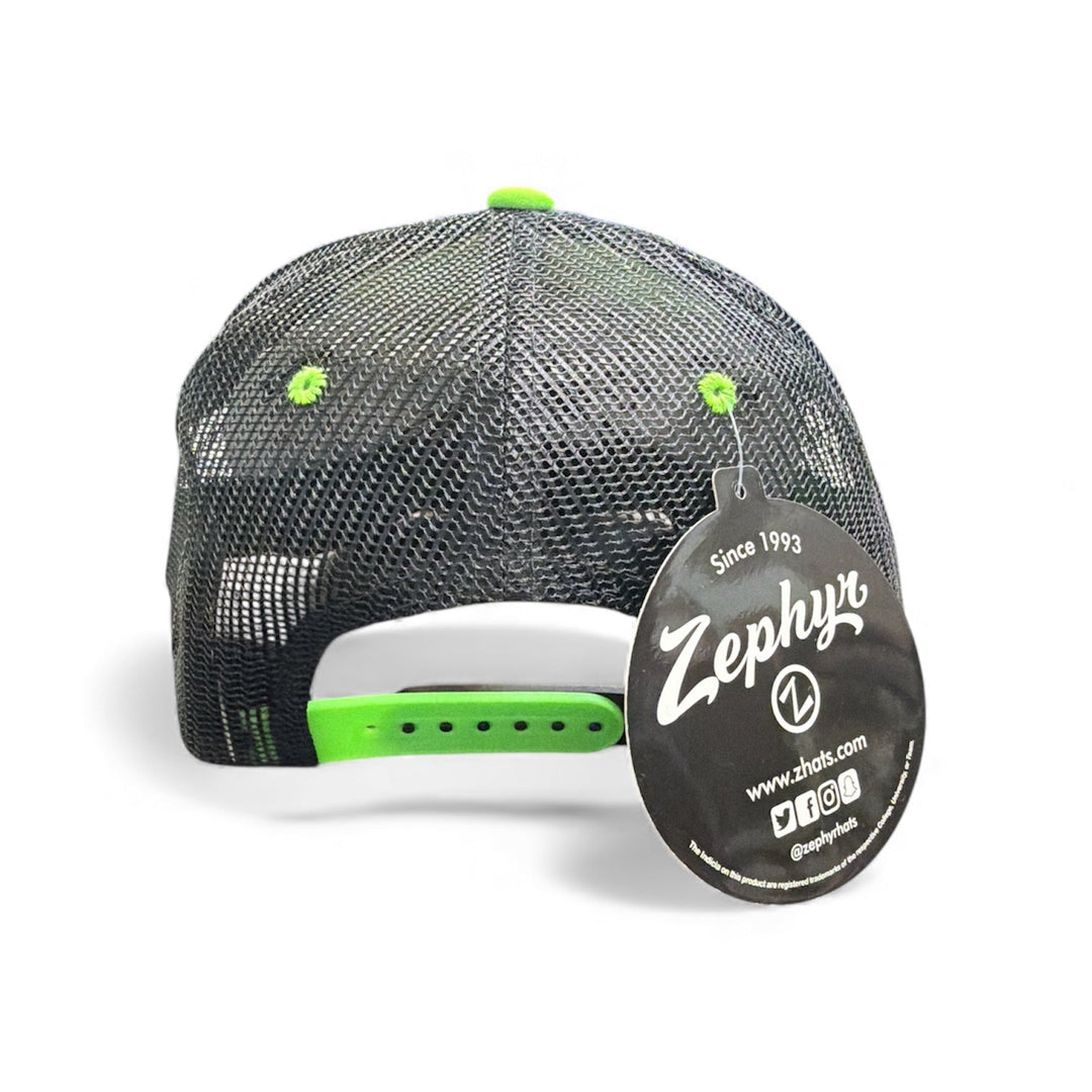 Black mesh cap with green accents and Zephyr logo on a white background