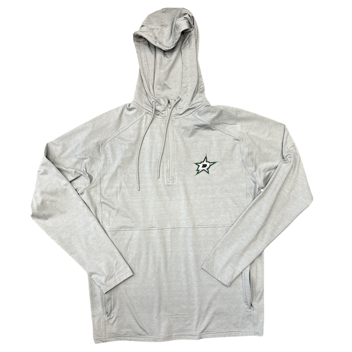 PHOTO OF DALLAS STARS ANTIGUA QUARTER ZIP HOODIE IN GRAY - FRONT VIEW