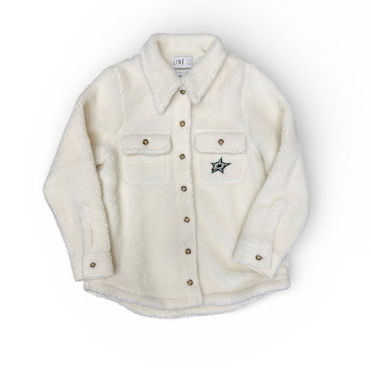 Cream sherpa jacket with Dallas Stars logo on a white background