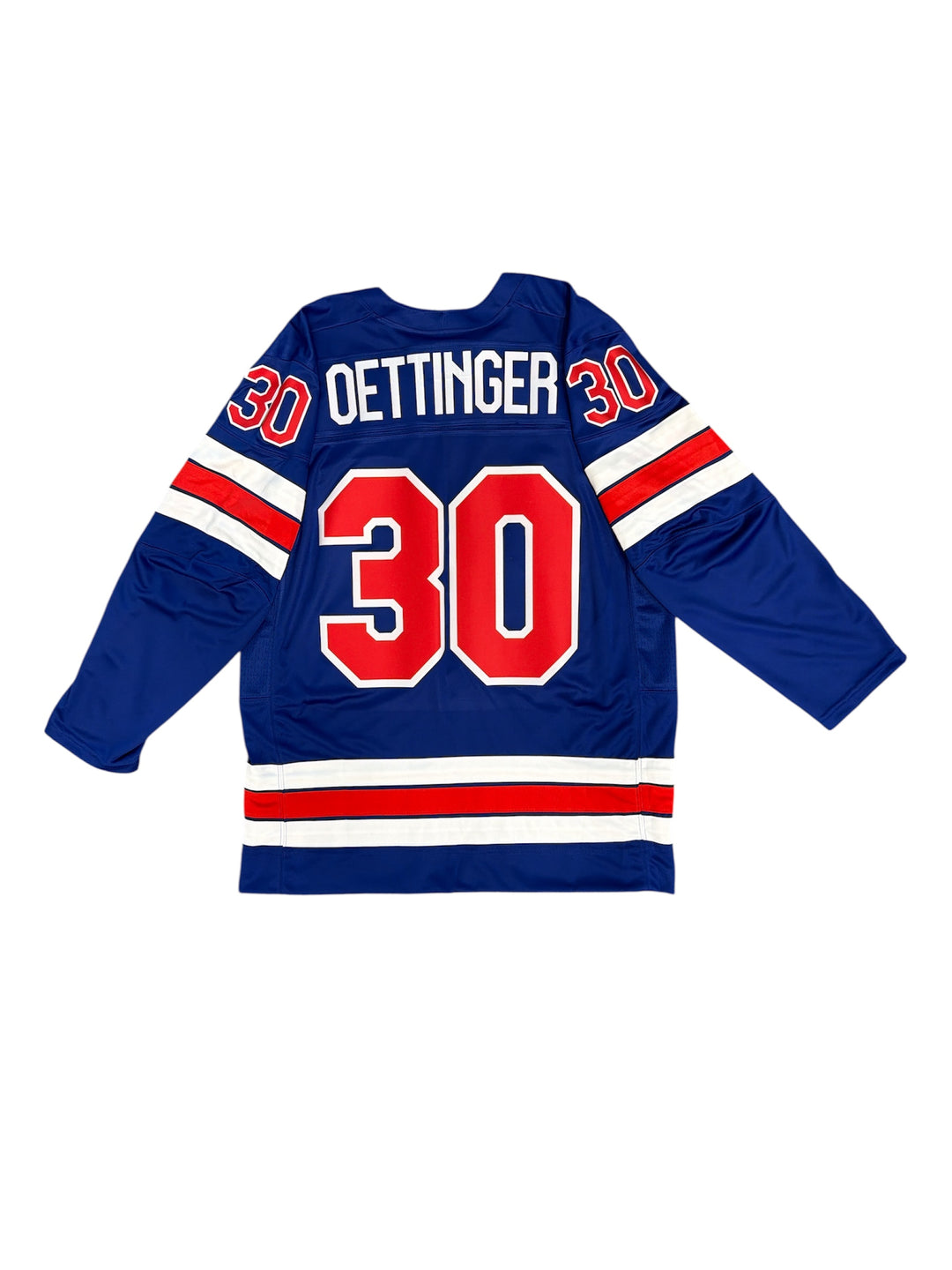 Blue hockey jersey with red and white accents, featuring the name 'Oettinger' and number '30'.