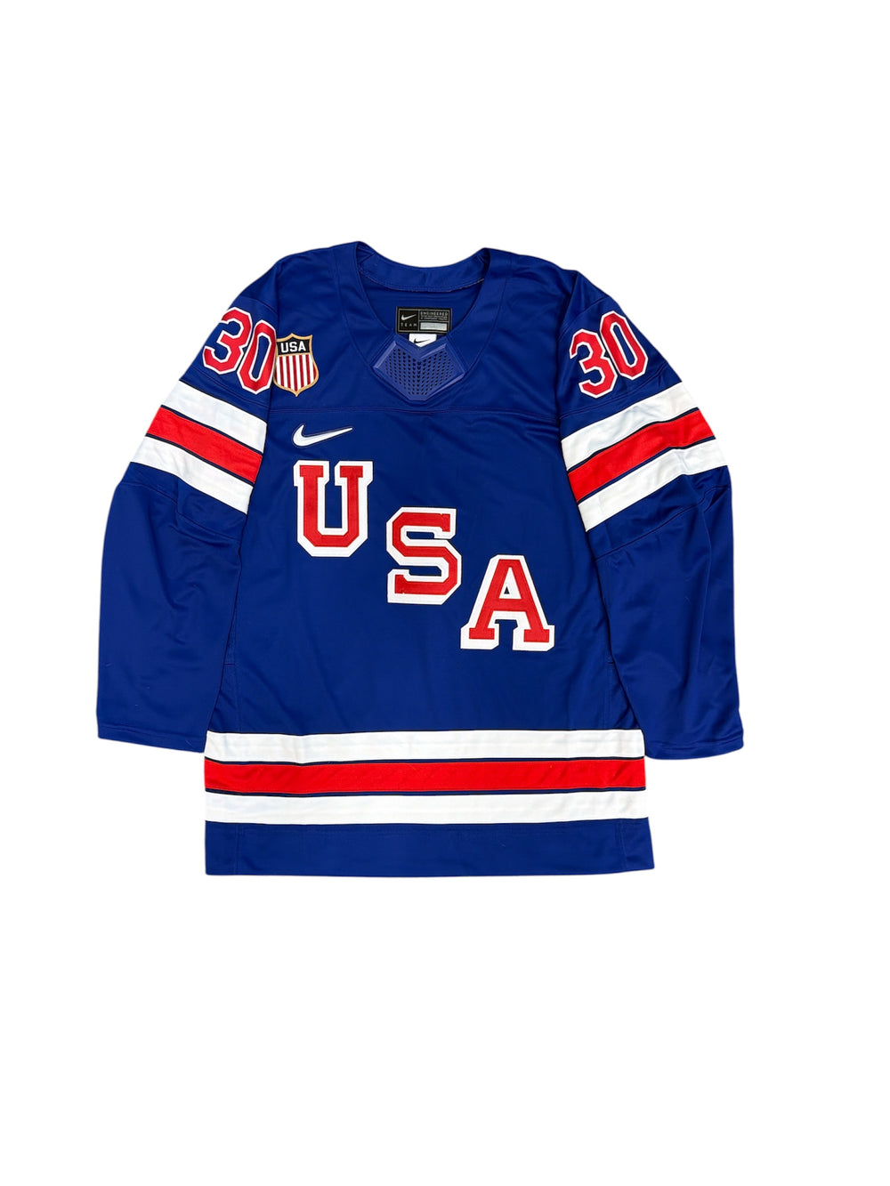 Blue hockey jersey with 'USA' and number '30' on a white background