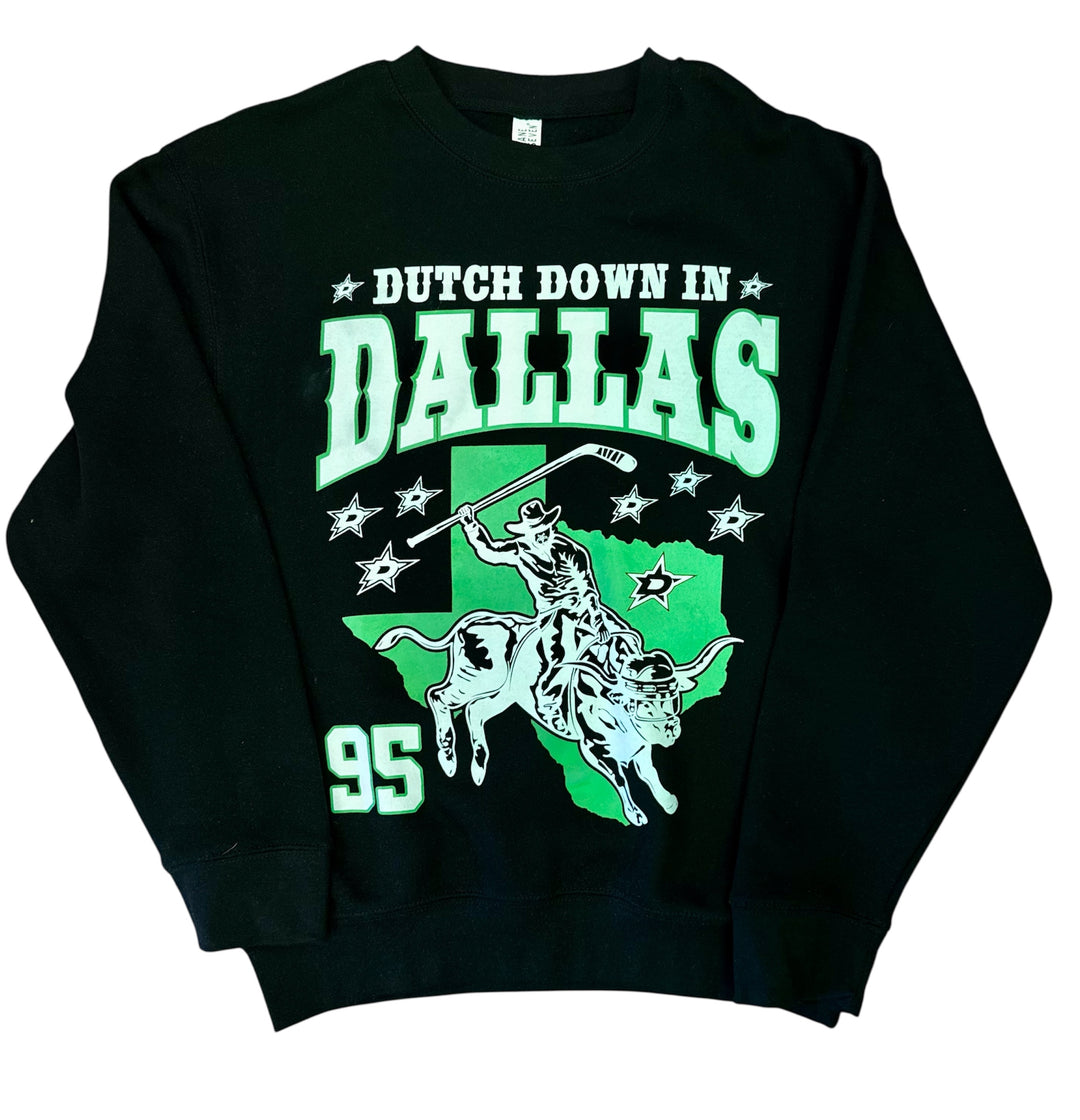 Black sweatshirt with 'Dutch Down in Dallas 95' graphic design on a white background