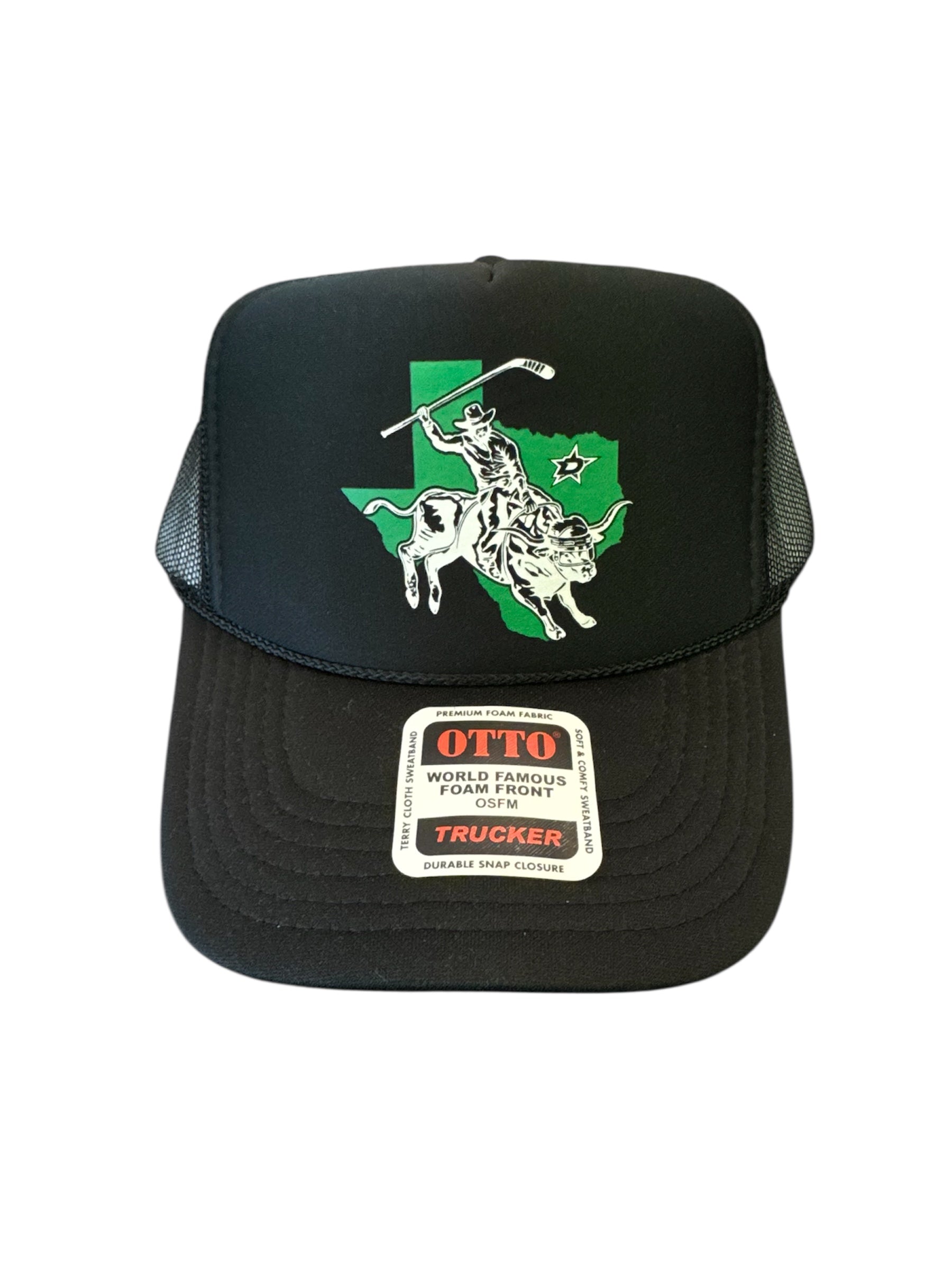Black trucker hat with a graphic design on a white background