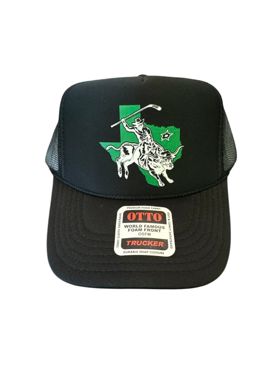 Black trucker hat with a graphic design on a white background