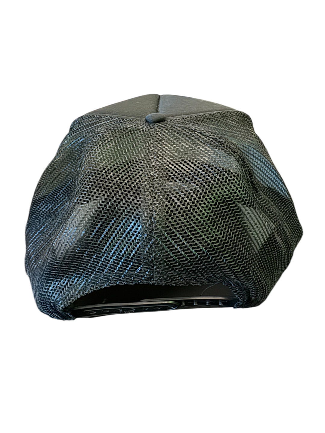 Back view of cap- Black mesh cap on a white background