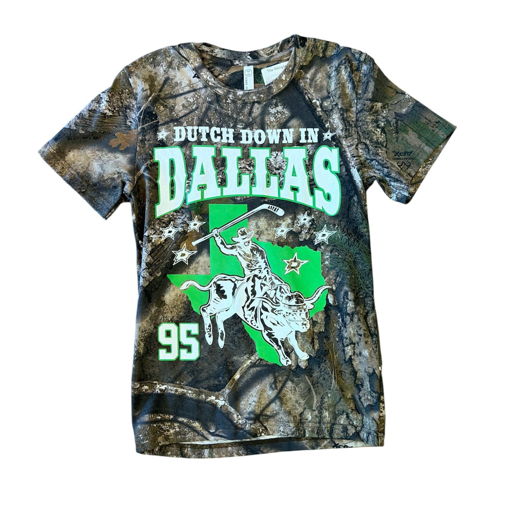 Camouflage t-shirt with 'Dutch Down in Dallas' text and graphic on a white background