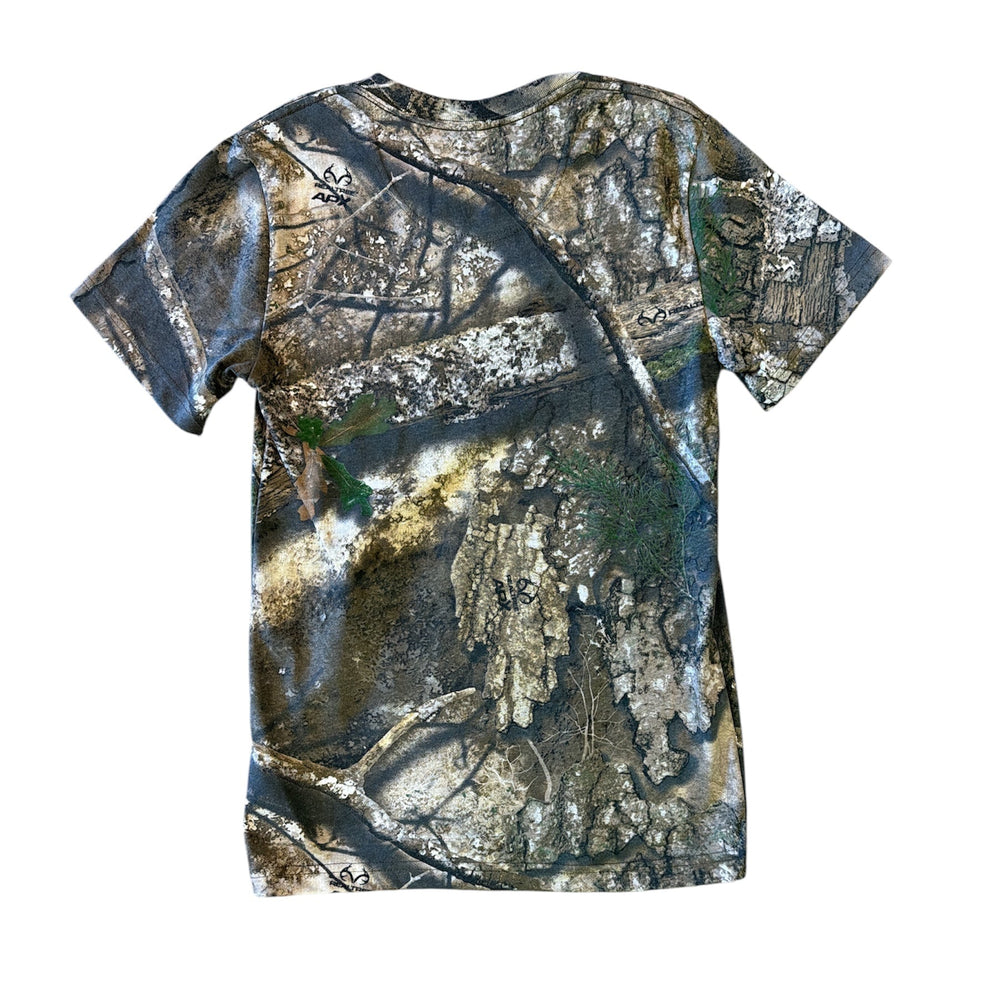 Camouflage-patterned t-shirt on a white background