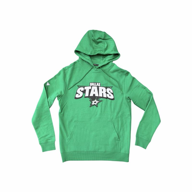 A green pullover hoodie featuring a &