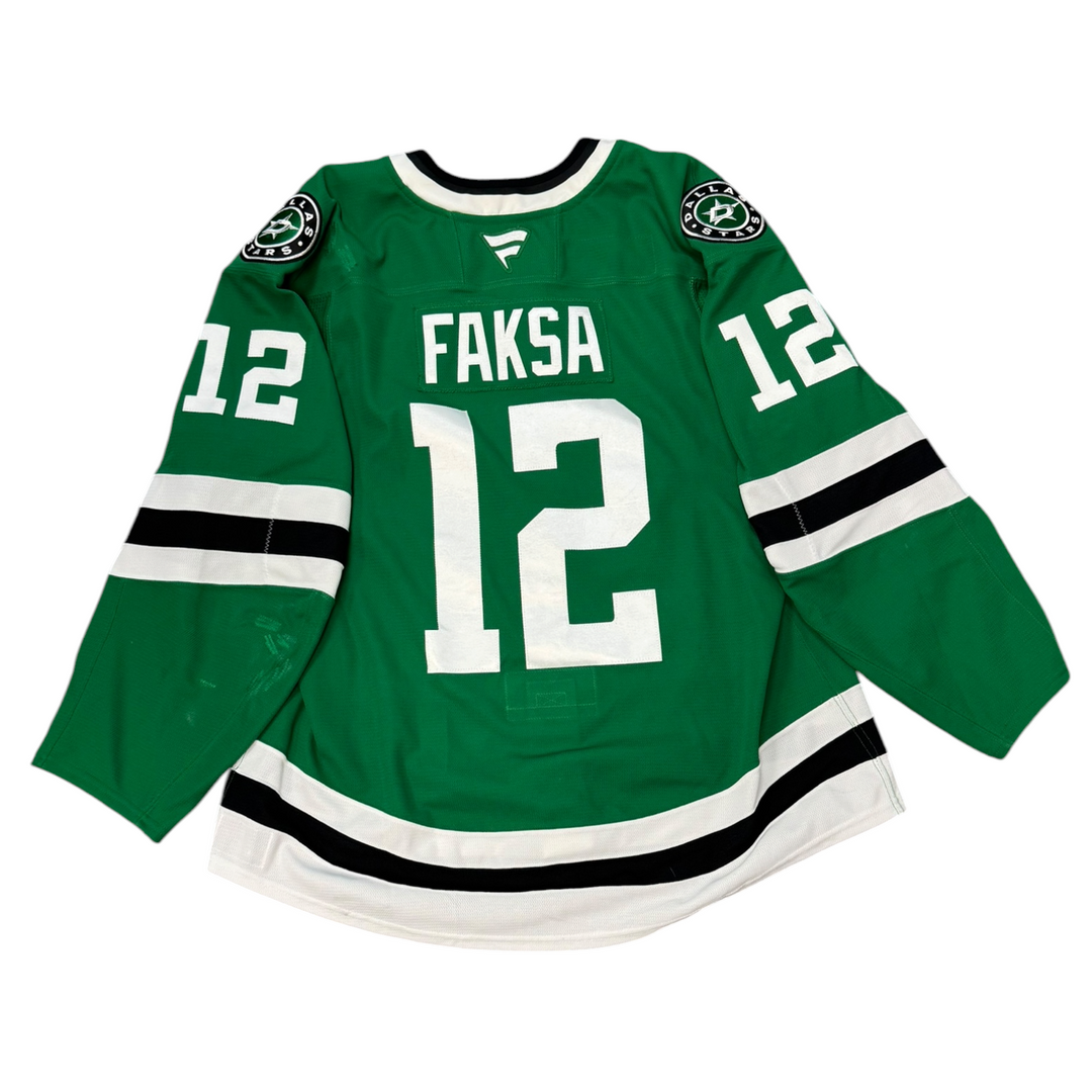 Game Worn Dallas Stars home hockey jersey with 'Faksa' and number '12' on a white background