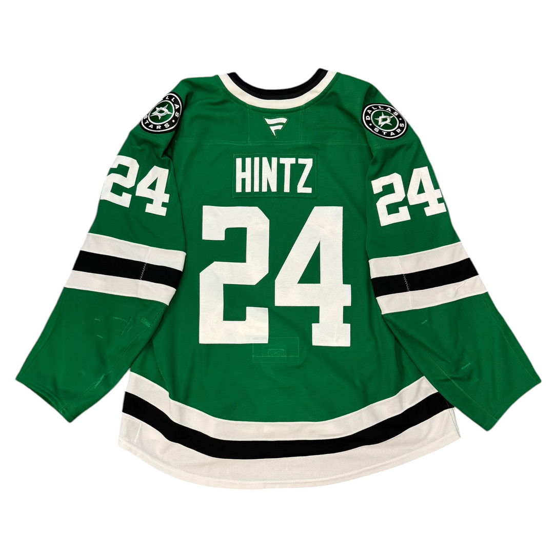 Game Worn Dallas Stars Home hockey jersey with 'Hintz' and number '24' on a white background