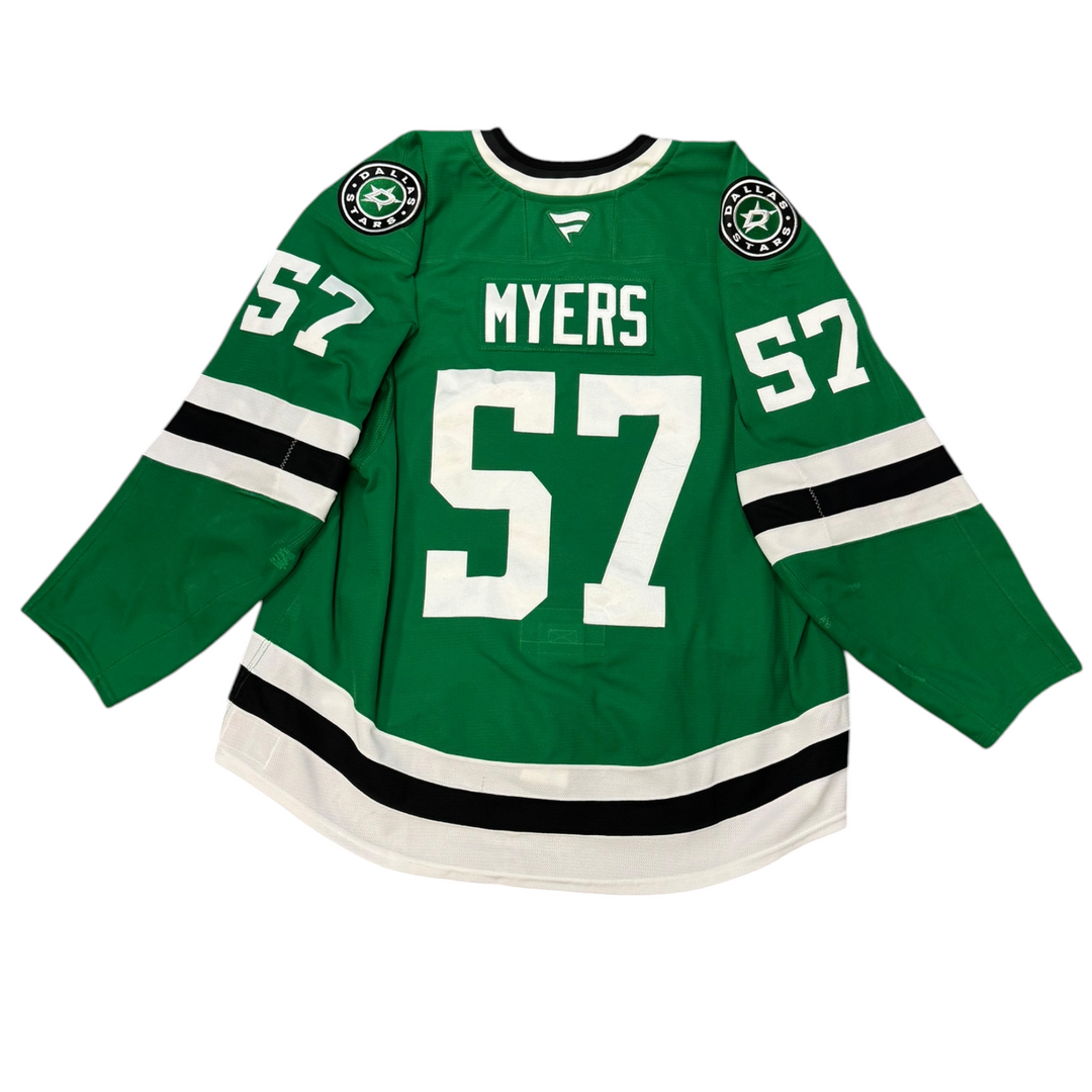 Game Worn Dallas Stars Home hockey jersey with number 57 and name 'Myers' on a white background