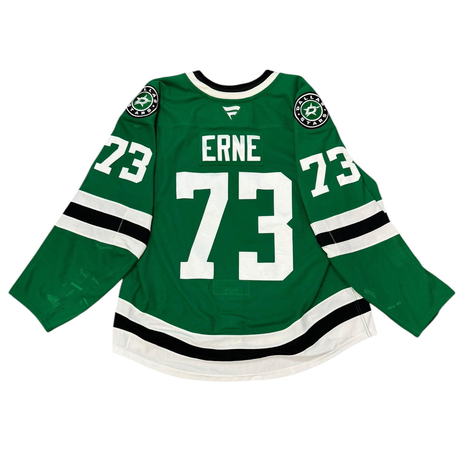 Game Worn Dallas Stars Home hockey jersey with 'Erne' and number '73' on a white background