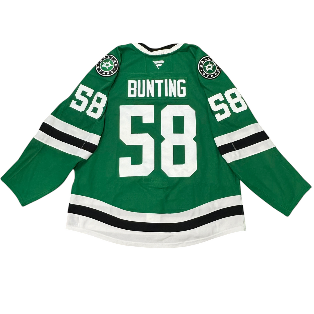 Game Worn Dallas Stars Home jersey with 'Bunting 58' on a white background