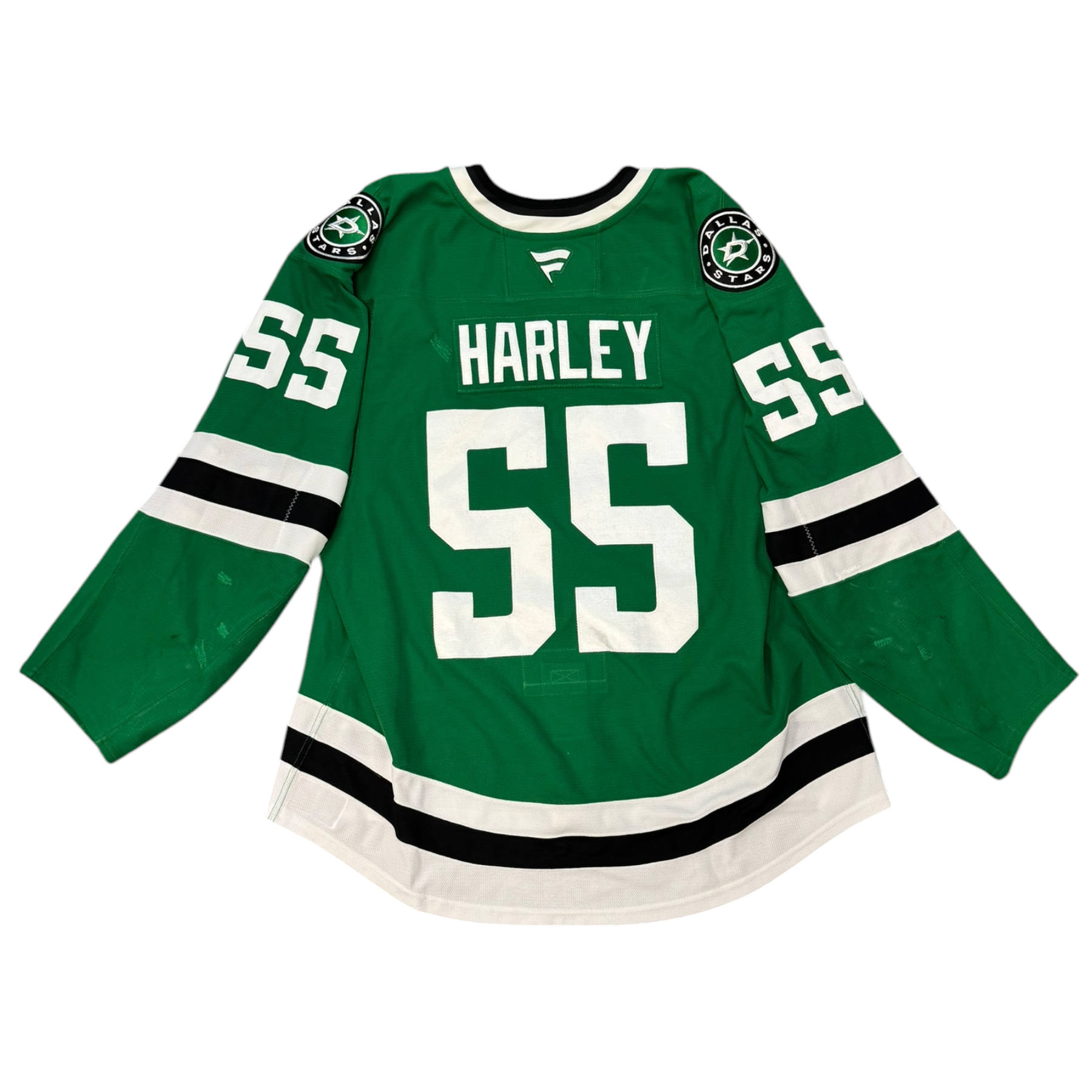 Game Worn Dallas Stars Home hockey jersey with 'Harley' and number '55' on a white background