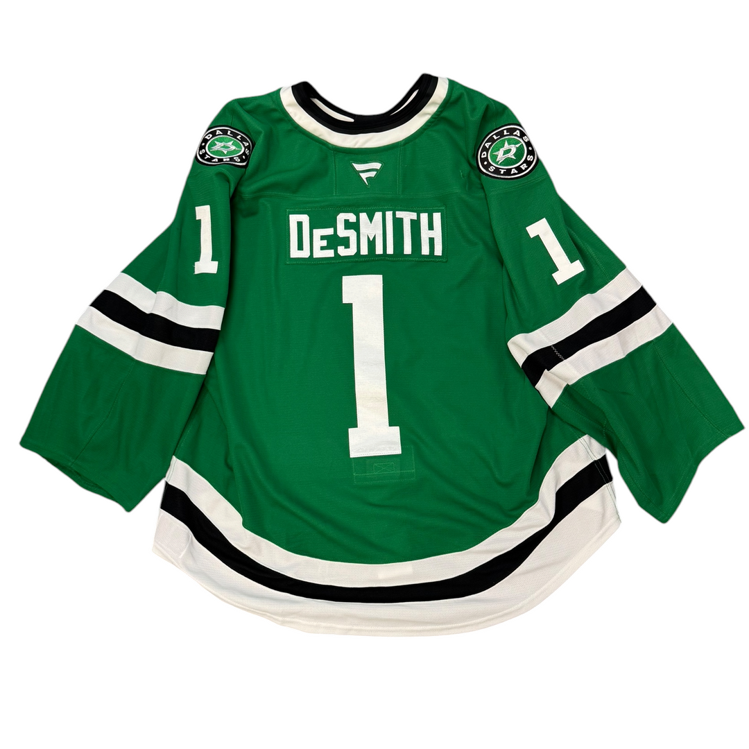 Game Worn Dallas Stars Home hockey jersey with 'DeSmith' and number '1' on a white background