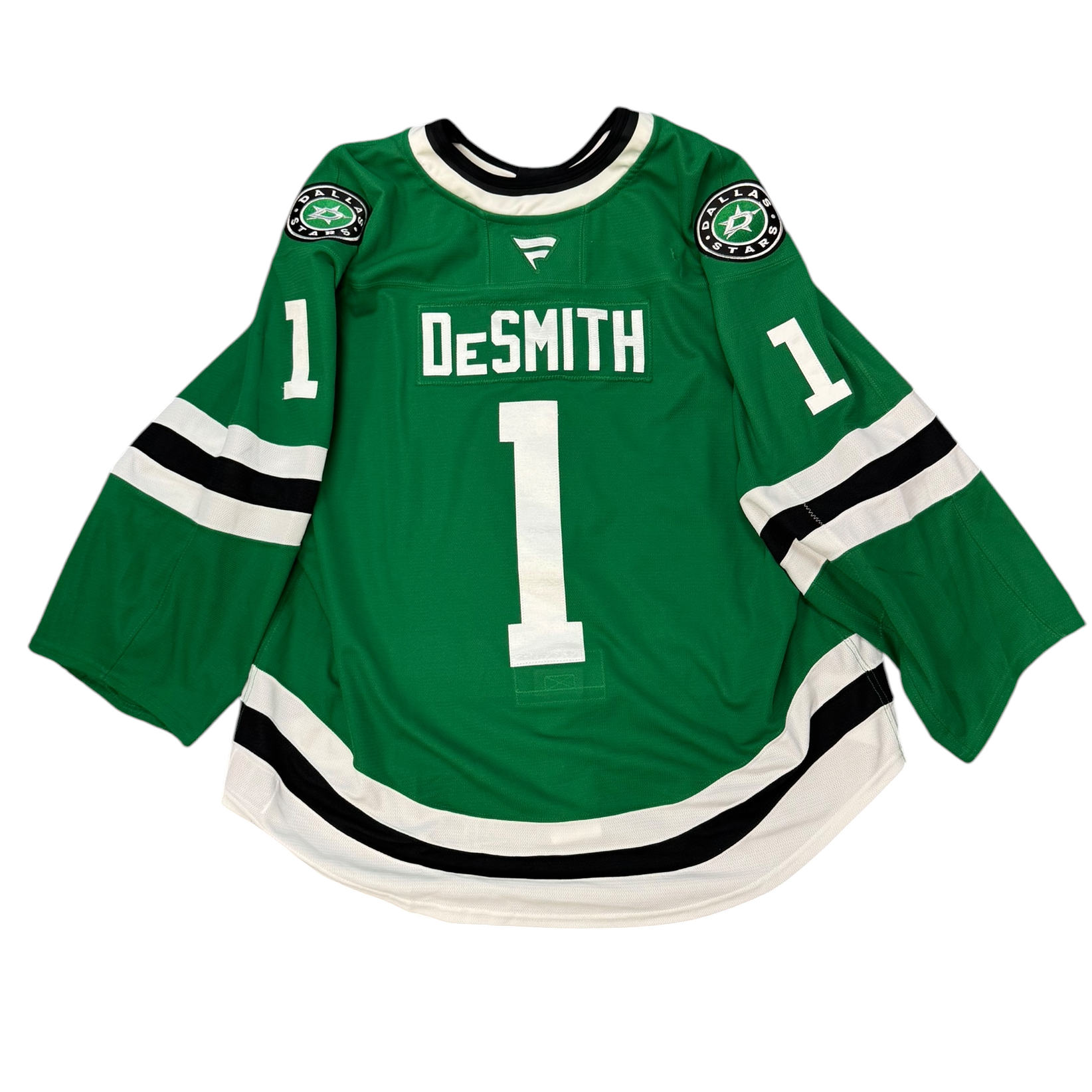 Game Worn Dallas Stars Home hockey jersey with 'DeSmith' and number '1' on a white background