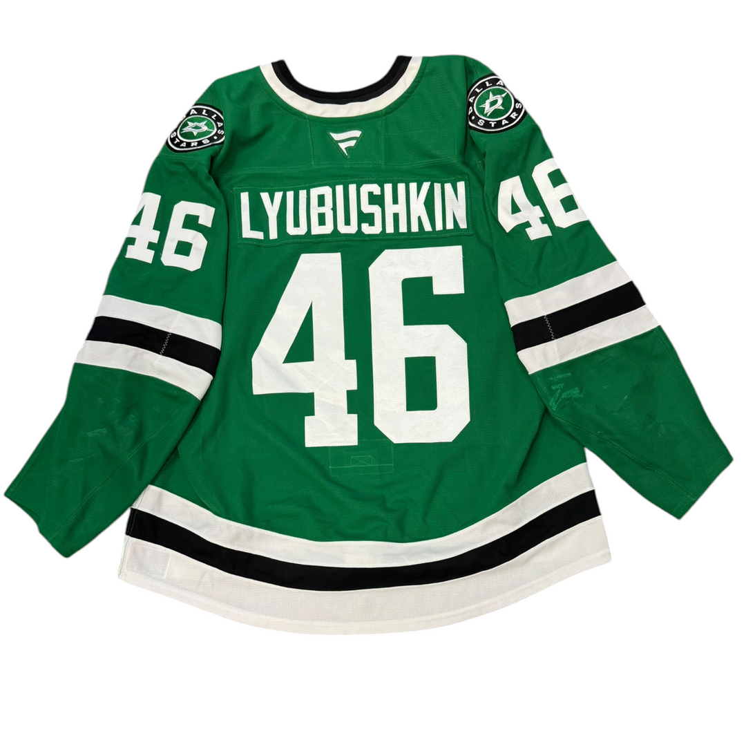 Game Worn Dallas Stars Home hockey jersey with number 46 and name 'Lyubushkin' on a white background
