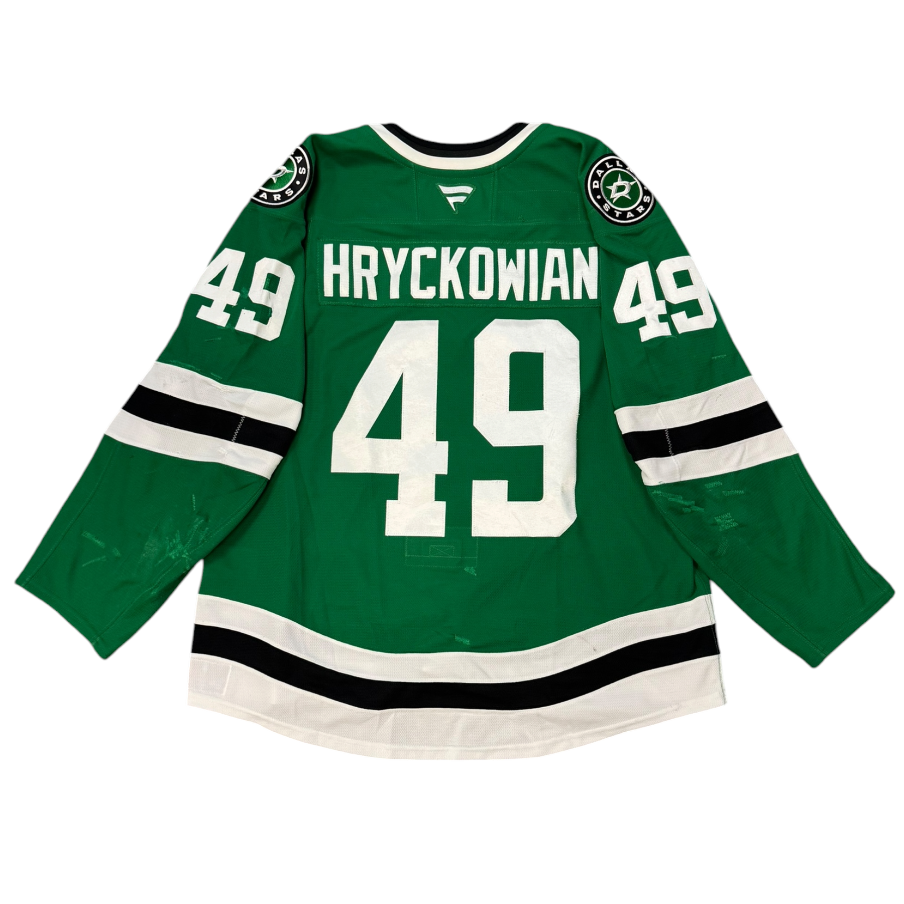 Game Worn Dallas Stars Home hockey jersey with number 49 and name 'Hryckowian' on a white background