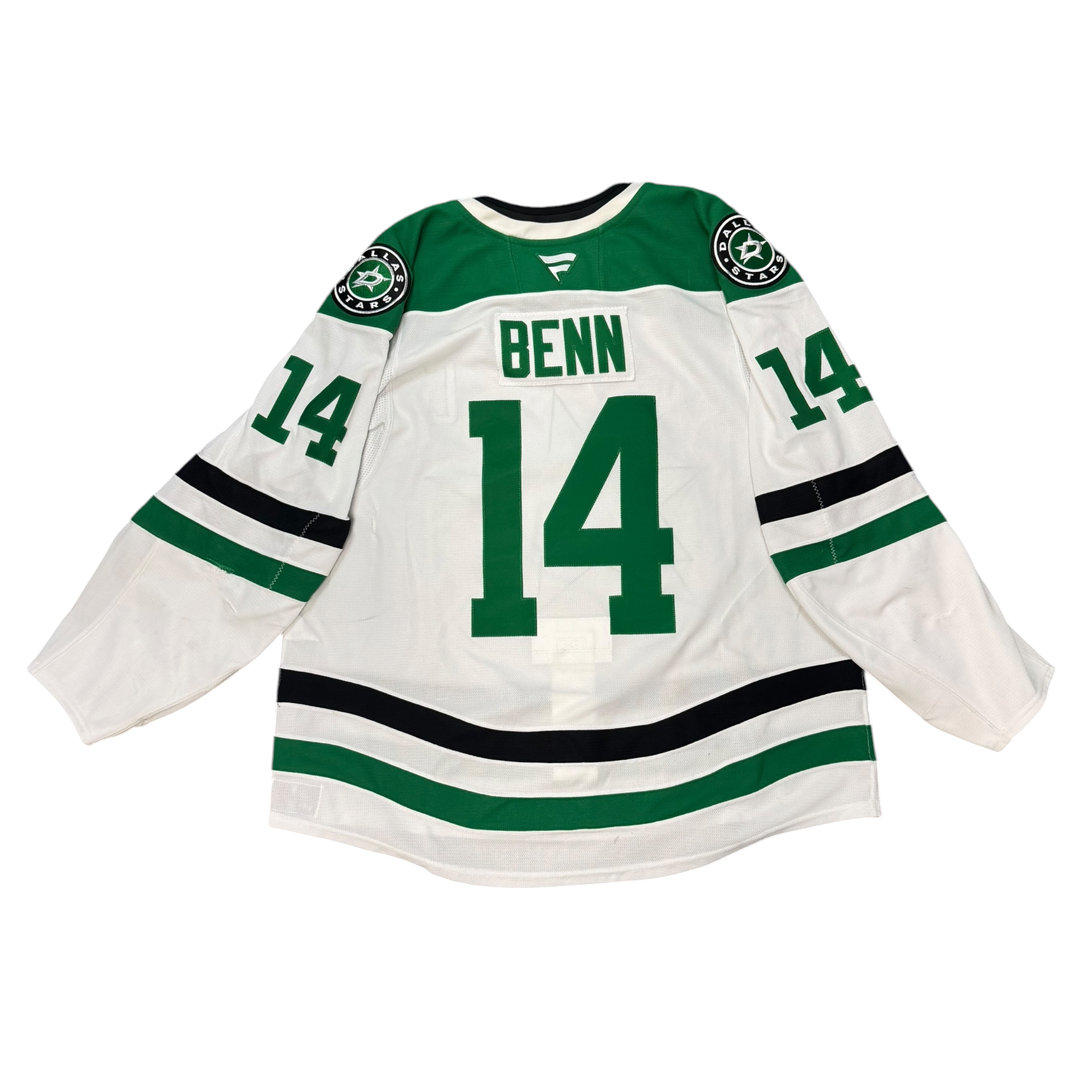 Game Worn Dallas Stars Away Hockey jersey with number 14 and name 'Benn' on a white background
