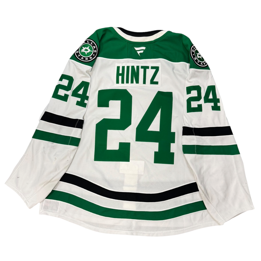 Game Worn Dallas Stars Away hockey jersey with number 24 and name 'Hintz' on a white background