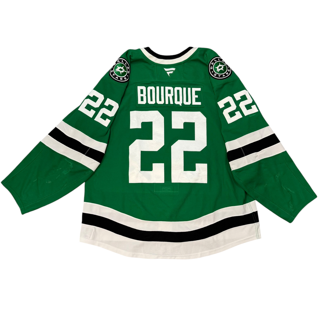 Game Worn Dallas Stars Home hockey jersey with 'Bourque' and number '22' on a white background