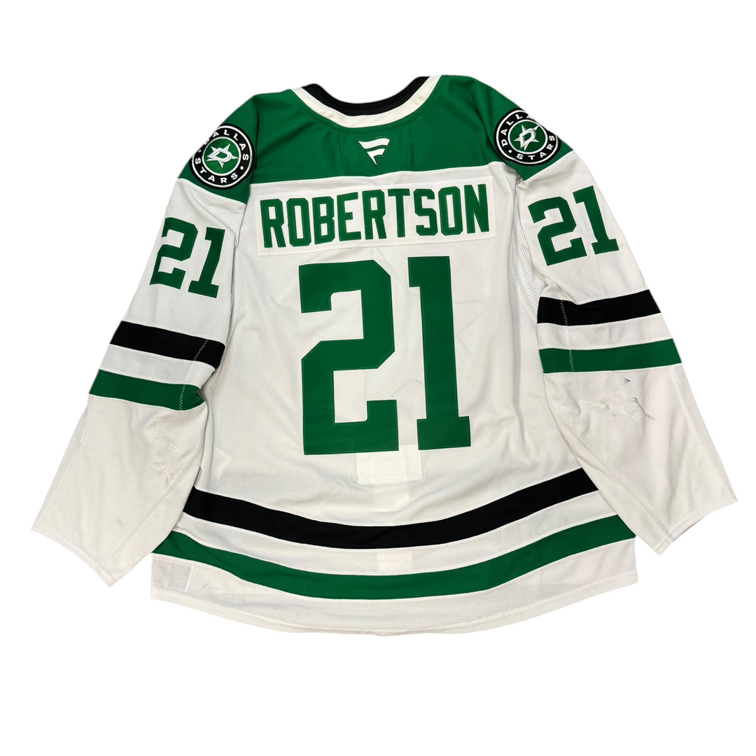 Game Worn Dallas Stars Away jersey with number 21 and name 'Robertson' on a white background
