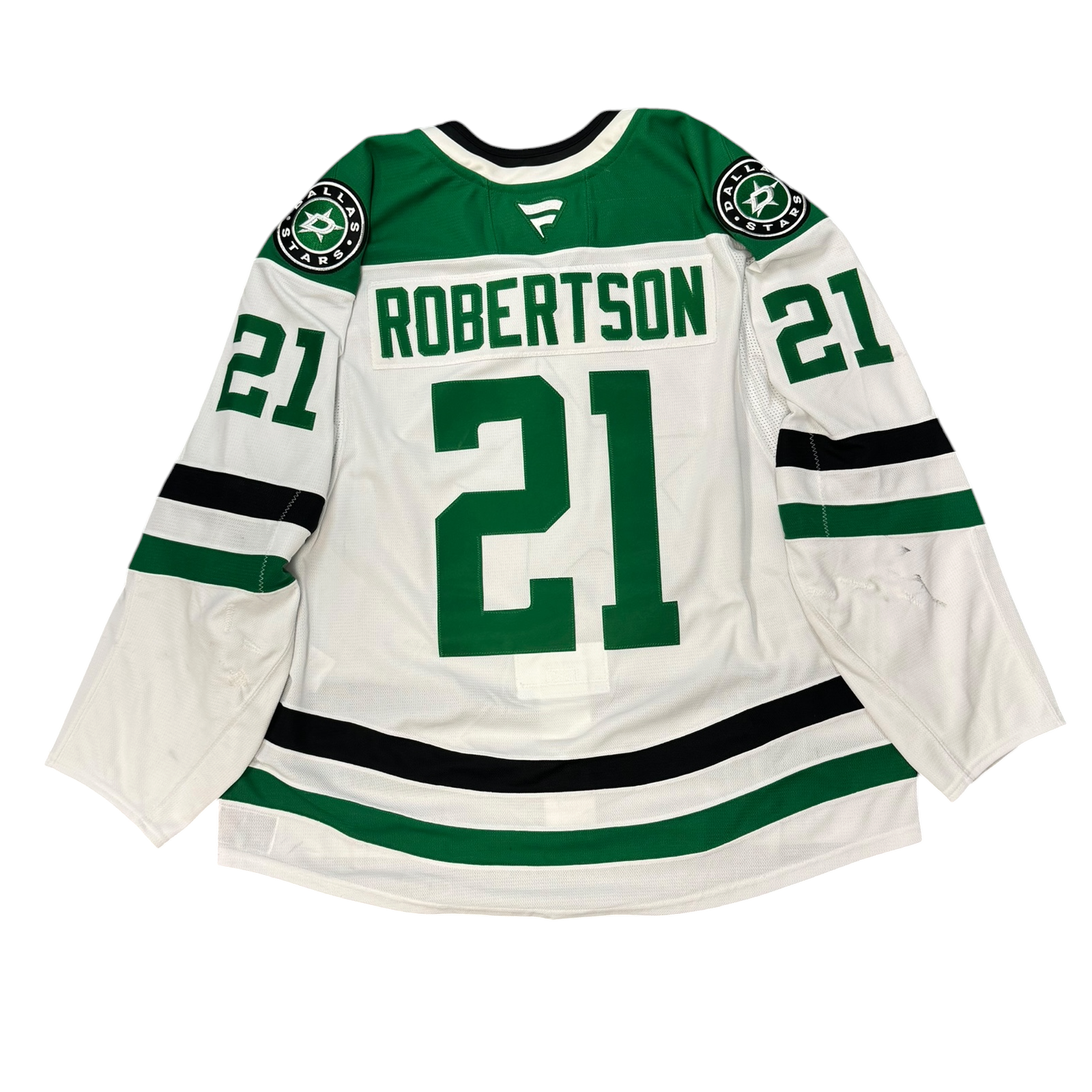 Game Worn Dallas Stars Away jersey with number 21 and name 'Robertson' on a white background
