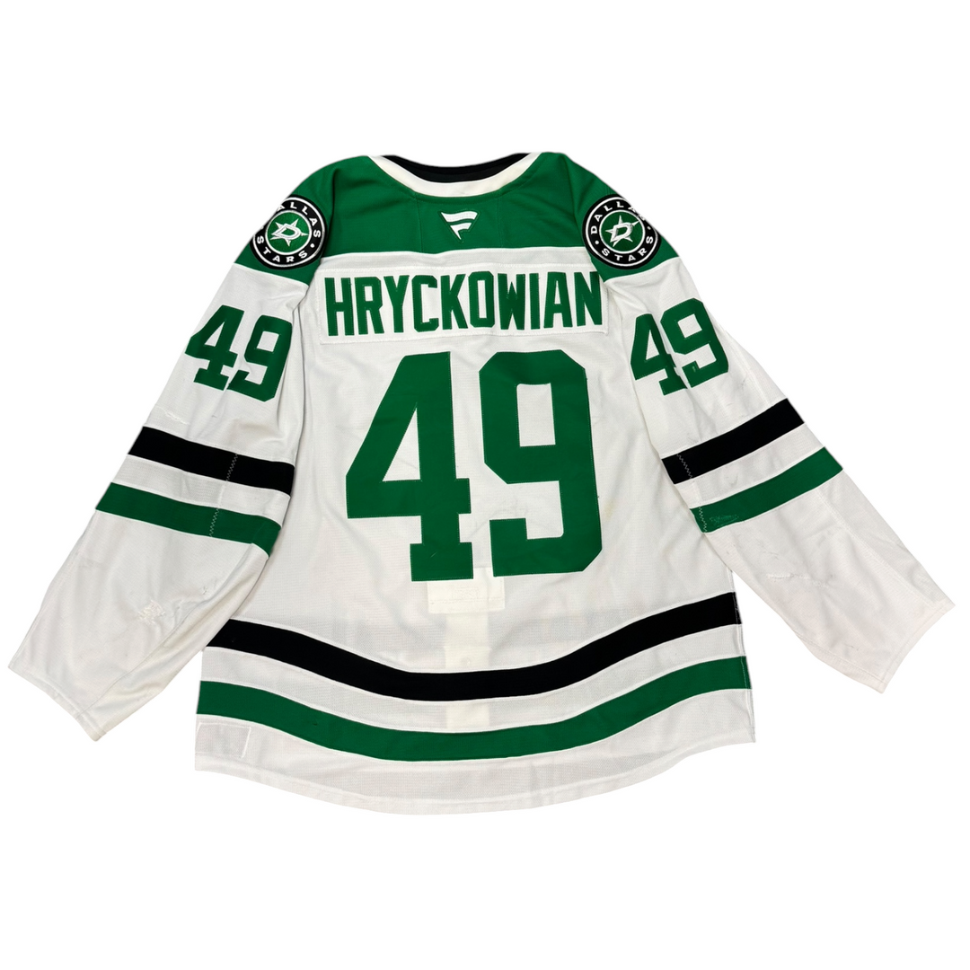 Game Worn Dallas Stars Away jersey with number 49 and name 'Hryckowian' on a white background