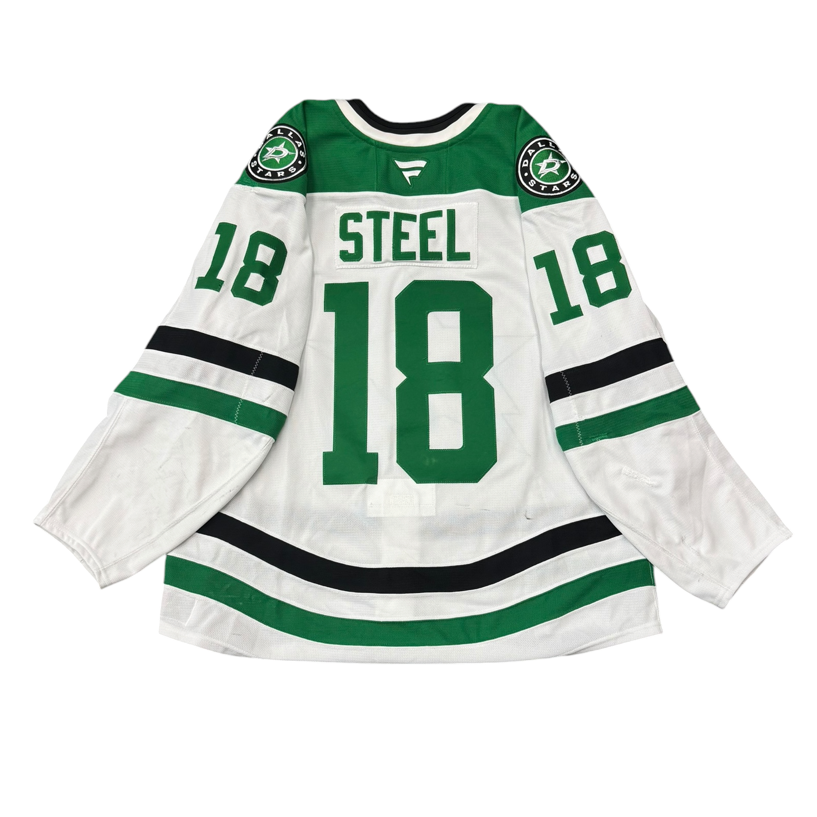 Game worn Dallas Stars away jersey with number 18 and name 'Steel' on a white background