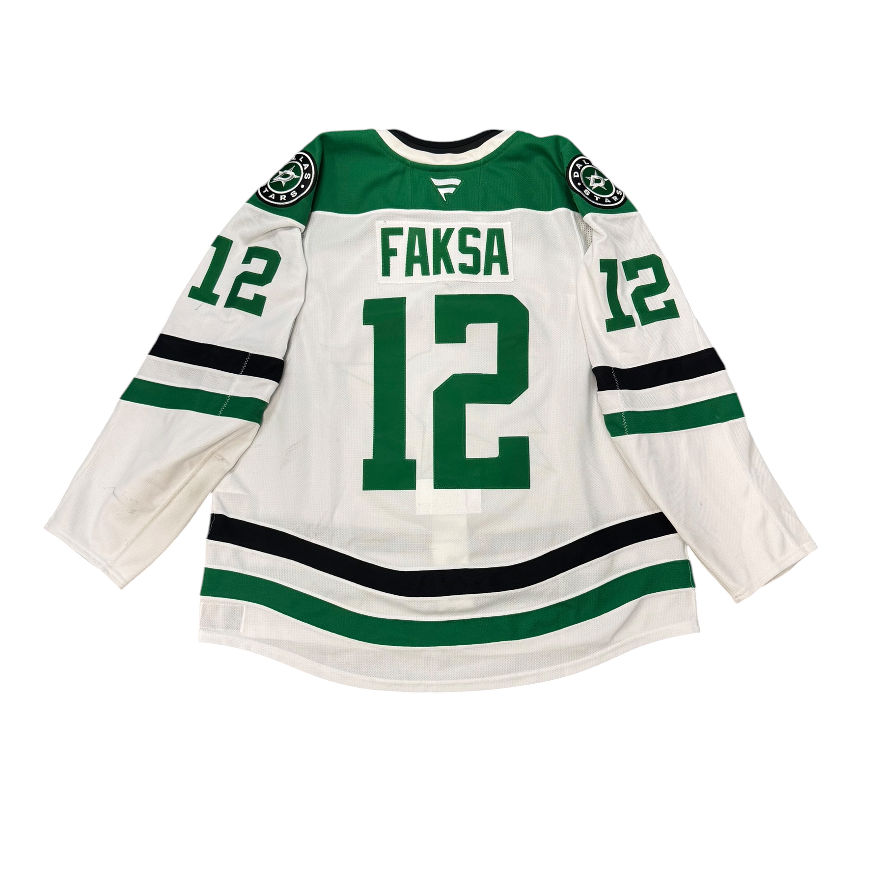 Game worn Dallas Stars away jersey with number 12 and name 'Faksa' on a white background