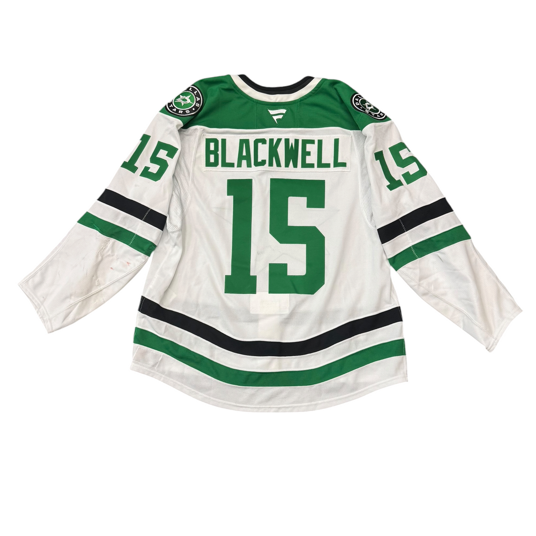 Game worn Dallas Stars away jersey with 'Blackwell' and number '15' on a white background