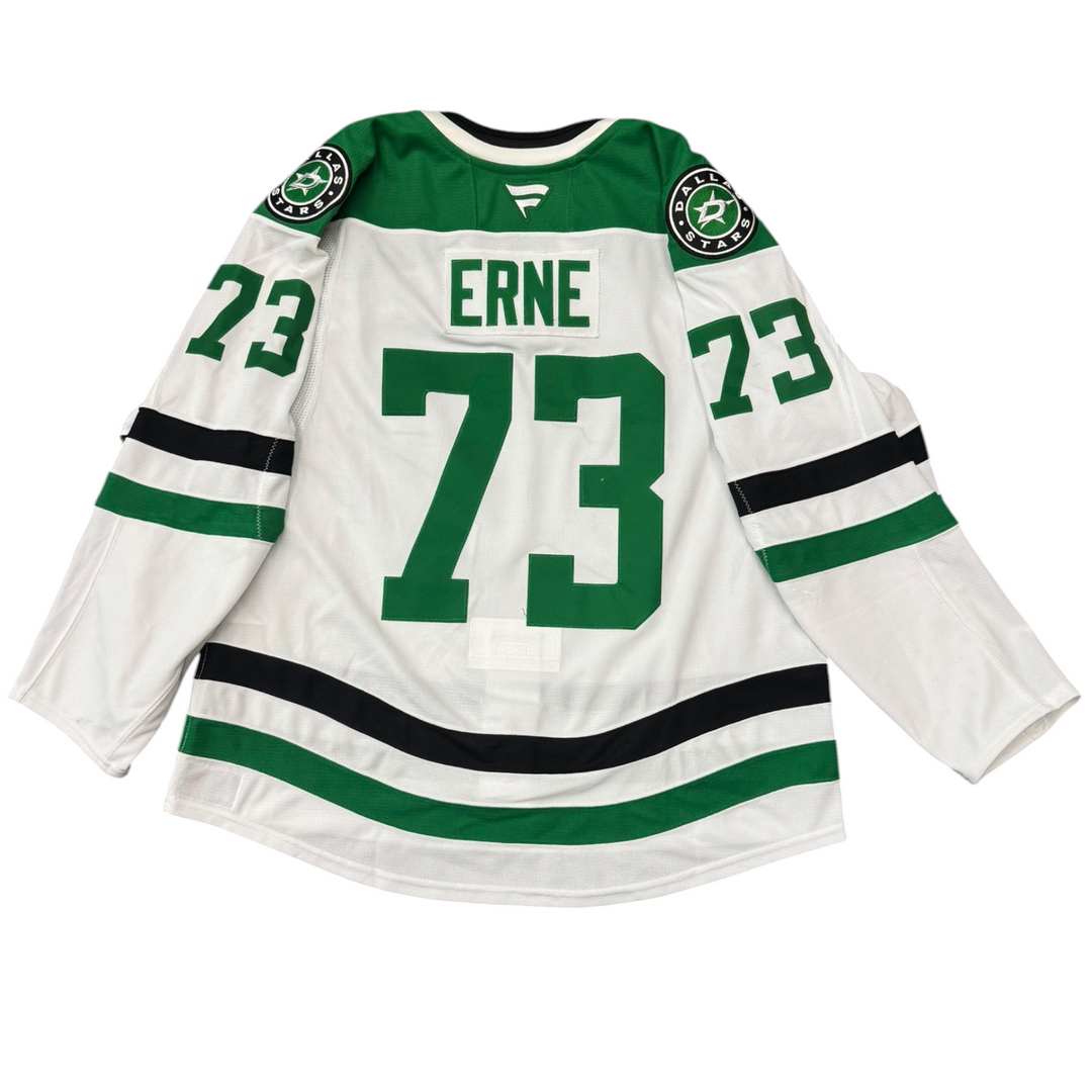 Game worn Dallas Stars away jersey with number 73 and name 'Erne' on a white background