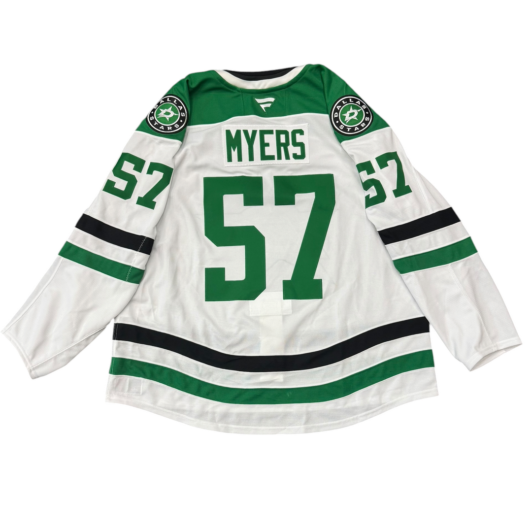 Game worn Dallas Stars away jersey with number 57 and name 'Myers' on a white background