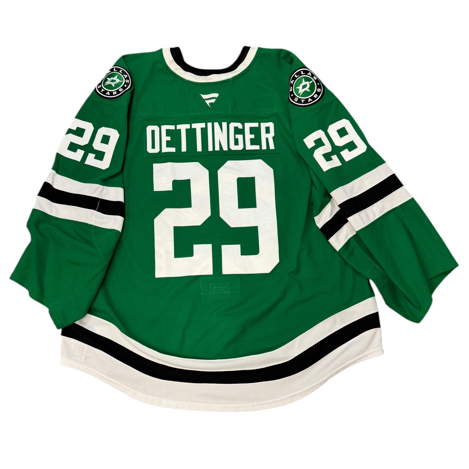 Game Worn Dallas Starts Home hockey jersey with number 29 and name 'Oettinger' on a white background