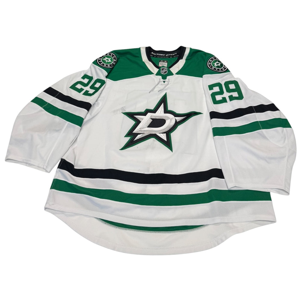 Game worn Dallas Stars Away jersey, number 29 on the sleeves with Dallas Stars logo on the chest. Hockey jersey on a white background
