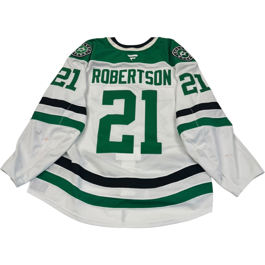 Game worn Dallas Stars away jersey with number 21 and name 'Robertson'. Jersey on a white background