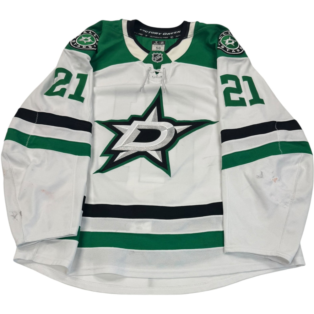 Game worn Dallas Stars Away jersey, number 21 on the sleeves with Dallas Stars logo on the chest. Hockey jersey on a white background
