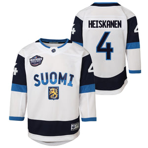 FANATICS OUTERSTUFF YOUTH 4 NATIONS MIRO HEISKANEN FINLAND JERSEY - FRONT & BACK VIEW