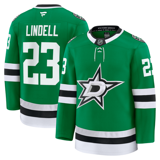Green Dallas Stars hockey jersey shown from the front and back on a white background. The back shows &