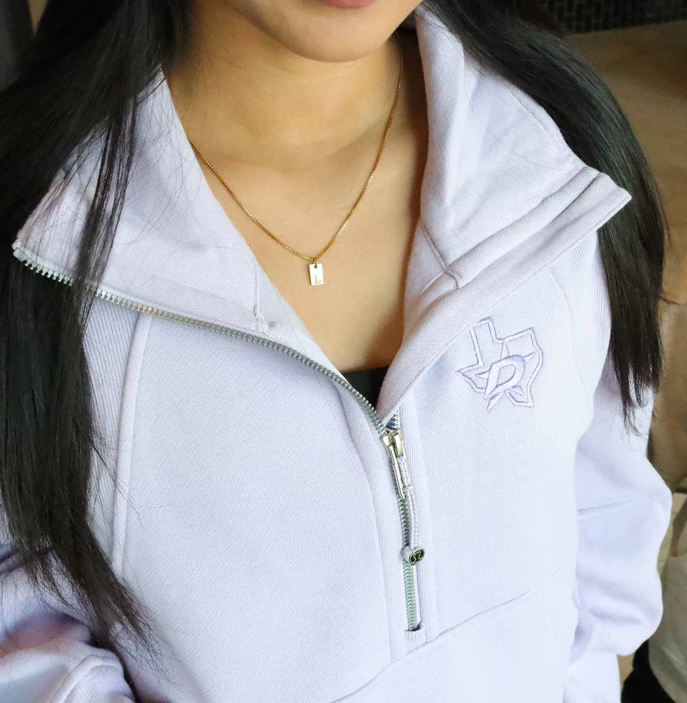 Photo of model wearing Dallas Stars Scuba Oversized Funnel Neck in Lilac