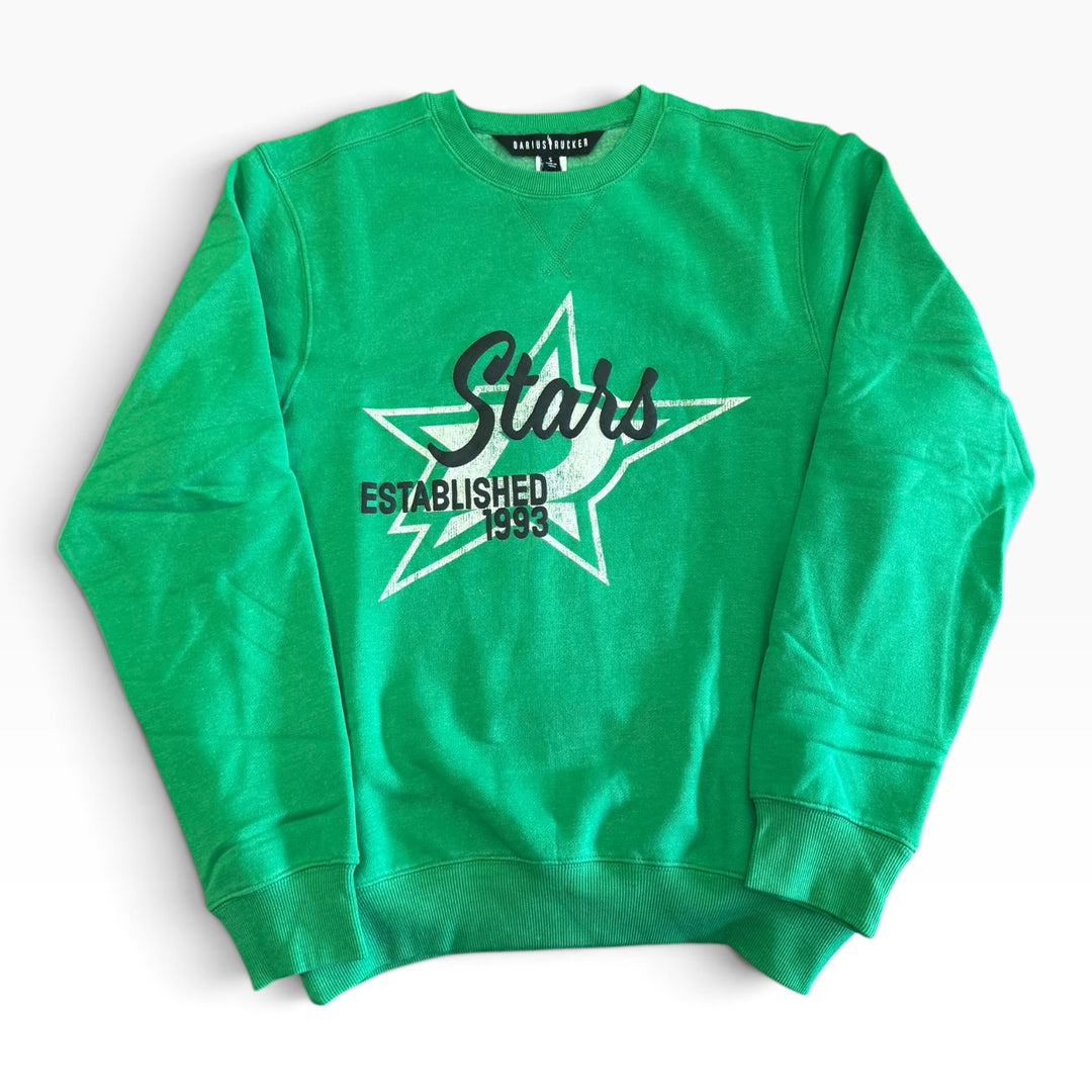 A bright green crewneck sweatshirt with a graphic on the front featuring a white outlined star, the word &