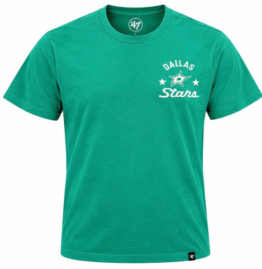 Kelly green short-sleeve Dallas Stars T-shirt featuring a small white-and-green Dallas Stars logo with “DALLAS” and script “Stars” lettering on the left chest. Crew neckline and subtle heathered texture. White background.