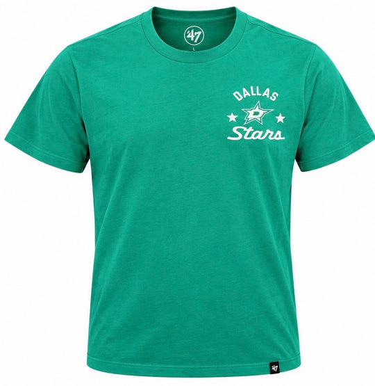 Kelly green short-sleeve Dallas Stars T-shirt featuring a small white-and-green Dallas Stars logo with “DALLAS” and script “Stars” lettering on the left chest. Crew neckline and subtle heathered texture. White background.
