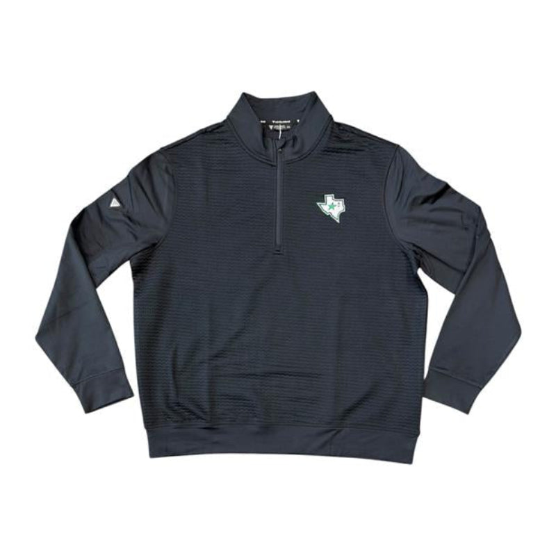 A  quarter-zip pullover sweatshirt with a textured horizontal stripe pattern, featuring a Texas state logo on the left chest and a Levelwear logo on the right sleeve, displayed flat against a white background.